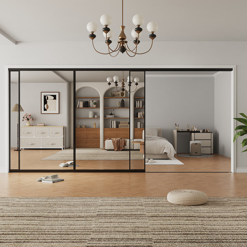 Porte de garde-robe coulissante avec cadre en aluminium noir 144x80, L 144 po x H 80 po