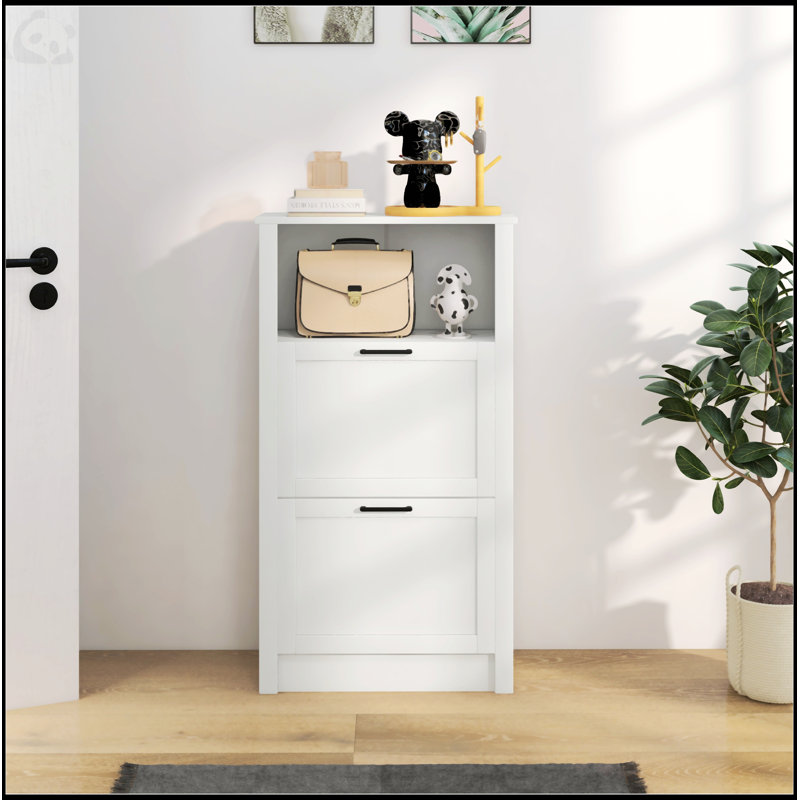 Shoe Storage Cabinet With Open Compartment And 2 Flip Drawers
