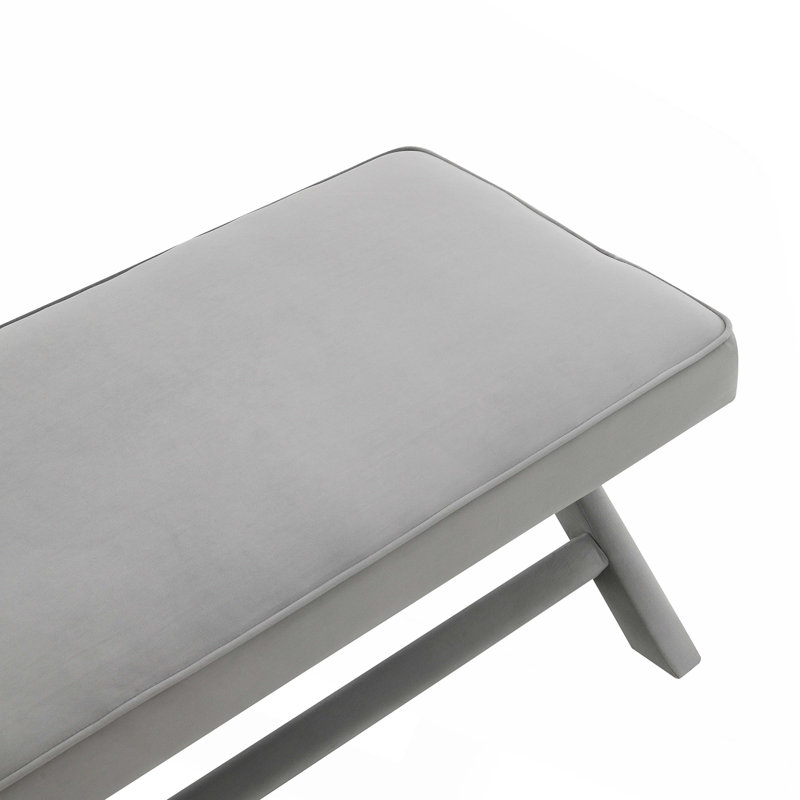 Double banc Comfort recouvert de tissu de velours, tabouret avec pieds élégants en X, coussin confortable avec passepoil, velours gris clair