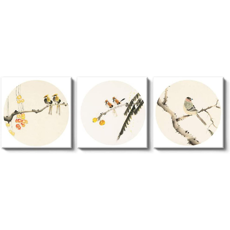 Animaux, oiseaux, branches avec fruits - peinture sur toile tendue 3 pièces, H 12 po x l 36 po x P 1,5 po