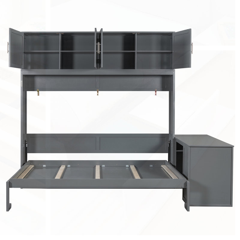 Grand lit escamotable mural avec bureau, tablettes de rangement et grandes armoires pour une utilisation polyvalente et peu encombrante