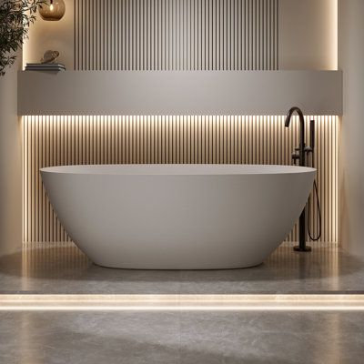 Freestanding Soaking Bathtub 57", Solid Surface Resin Stone, Modern W/overflow & Pop-up Drain