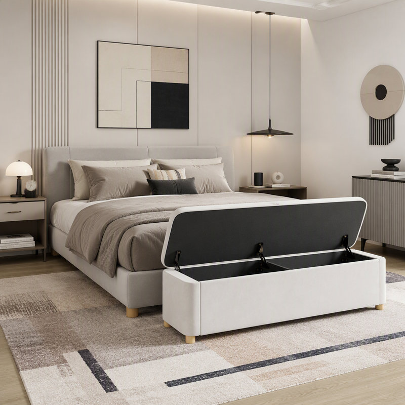 Très grand lit plateforme tapissier avec banc de rangement assorti (ensemble de 2), Cream, King