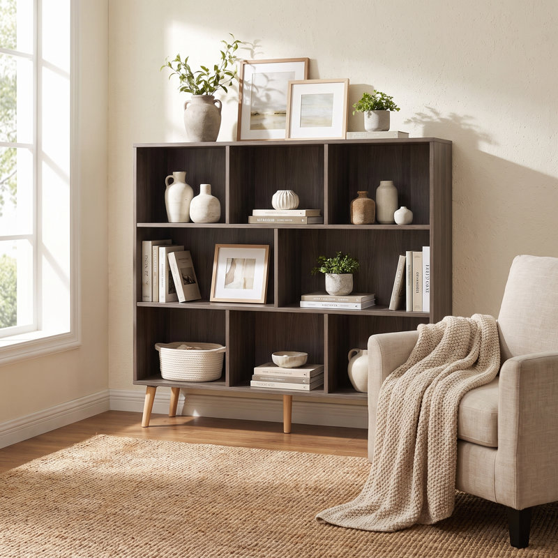 Jaen Solid and Manufactured Wood Cube Bookcase, (8 Shelves) 42.5" H x 47.2" W x 9.4" D, Platinum Gray