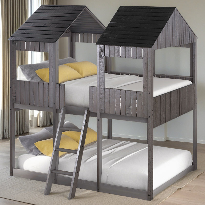 Full Over Full Woodbunk Bed With Roof, Window, Guardrail, Ladder, Antique Gray