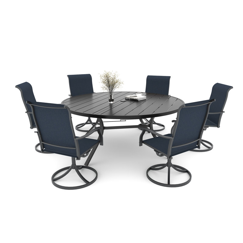 6-person Round Dining Set With Swivel Chairs, Navy