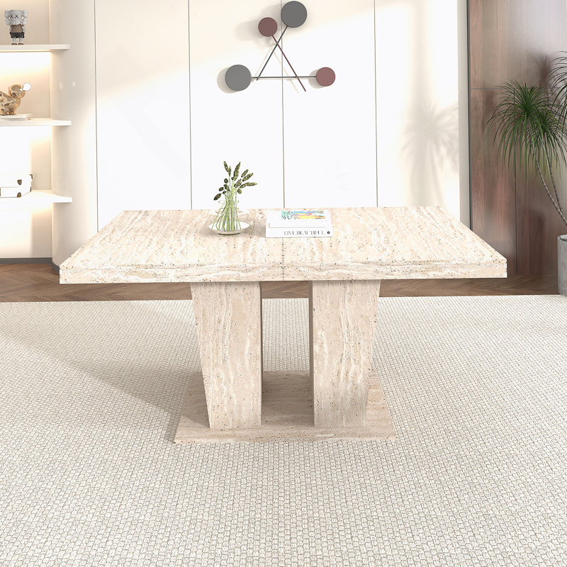Table de salle à manger rectangulaire extensible, convenant pour 6 à 10 personnes, avec motif de travertin veiné, dimensions 160 à 200 cm, simple et élégante.