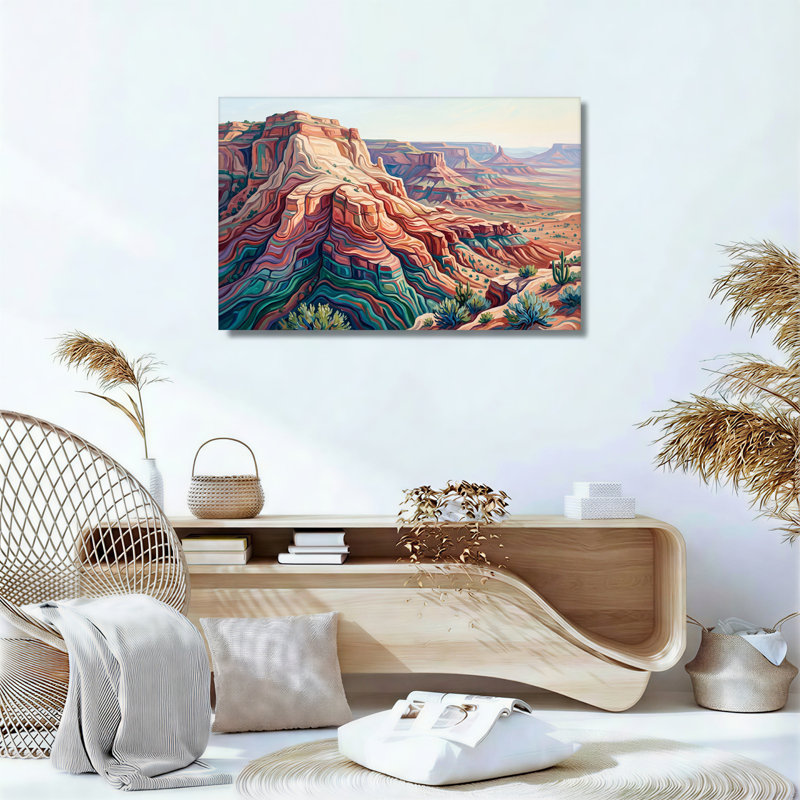 Toile peinte avec canapés rouges et sarcelle avec cactus du désert, H 16 po x l 24 po
