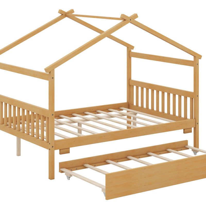 Lit en bois avec lit gigogne simple, Naturel, Lit double