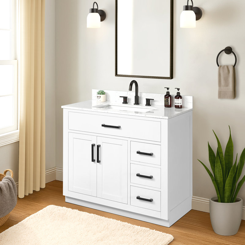 Meuble-lavabo simple 36 po avec tiroir, tablette, prise de courant et plateau en marbre d'ingénierie, Blanc