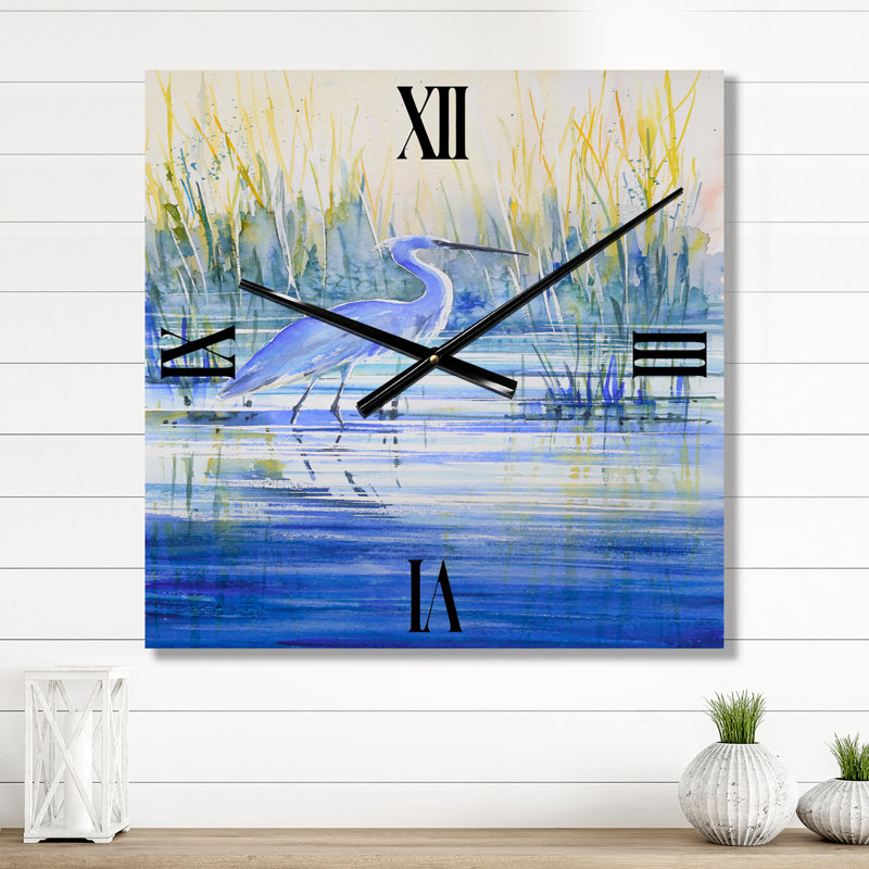 Horloge murale héron sur la côte du lac au coucher du soleil, Grand