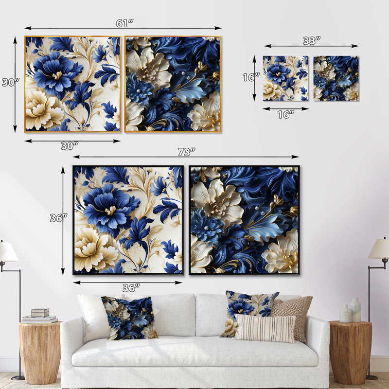 Newmarket - Ensemble de 2 collages carrés floraux, Cadre flottant noir, H 16 po x l 33 po