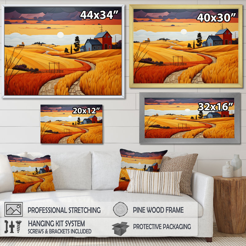 «Bentlea Yellow Barn Minimalsim Landscape II», reproduction sur toile, H 16 po x l 32 po x P 1 po, Encadrement doré
