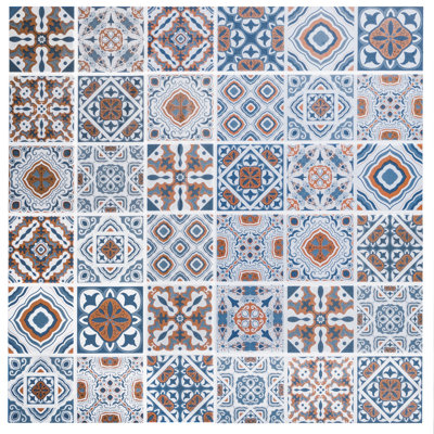 Geometric Aegean Blue Ochre White Shapes In Squares Peel And Stick Self Adhesive Removable Wallpaper Roll 18 Ft X 24 In, 36 Sq Ft