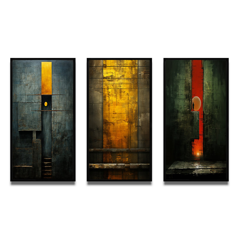 «Stairway To Grace Minimal Orange On Indigo II», 3 pièces sur toile, Cadre flottant noir, H 32 po x l 48 po