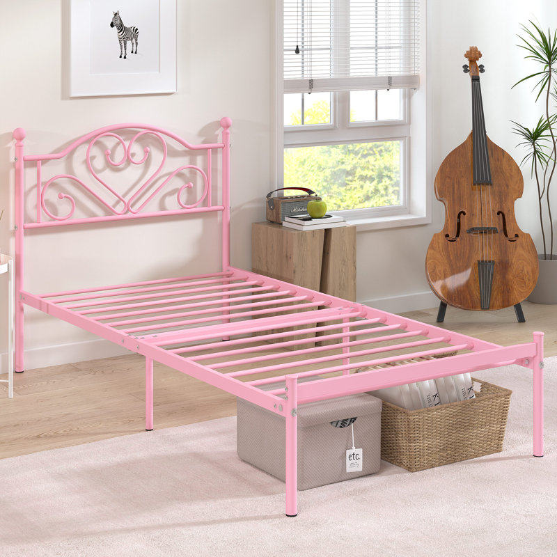 Lit plateforme en métal avec tête de lit, Rose, Simple