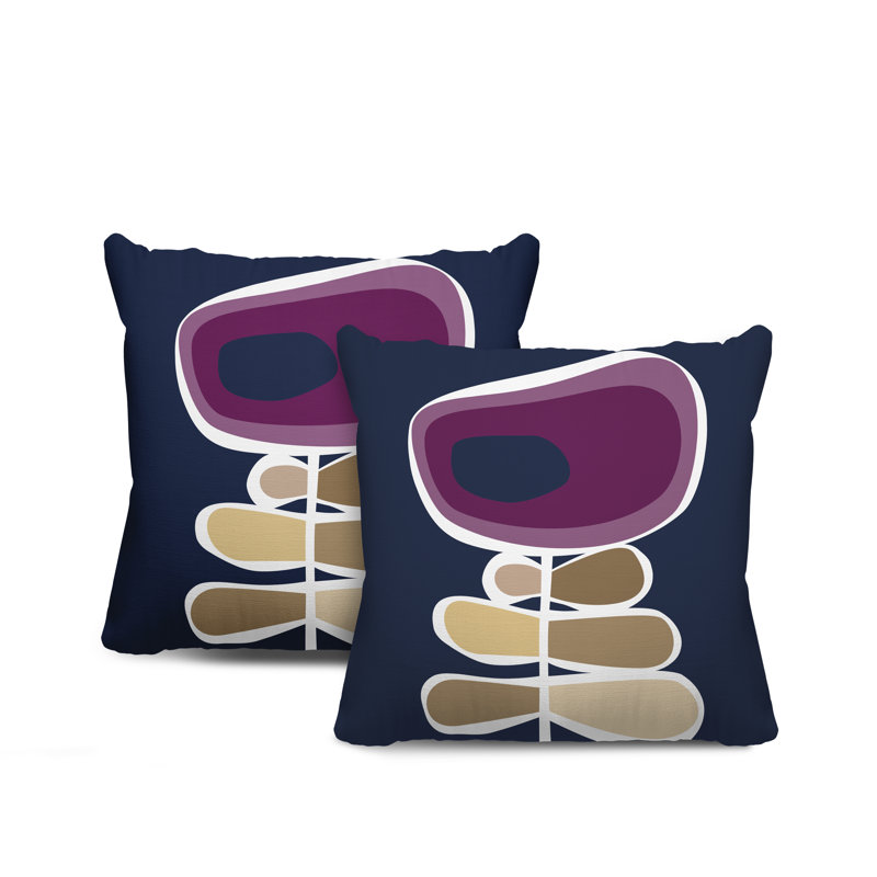 Floral and Abstract Outdoor Reversible Throw Pillow, 15W" x 15H", Purple/Navy Blue/Beige