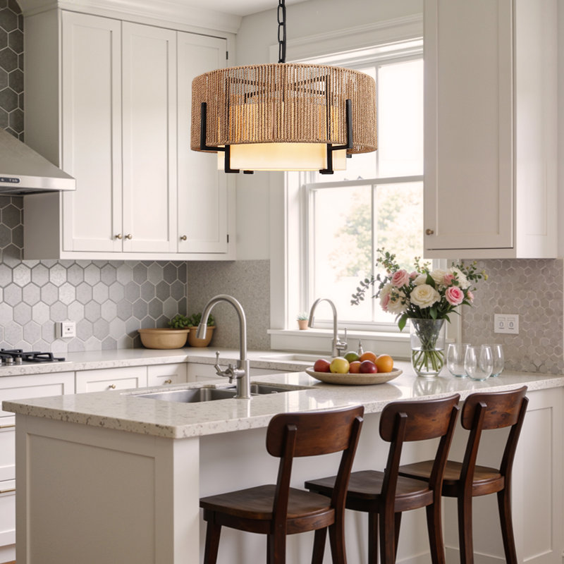 Lustre tambour en rotin 4 lumières 20 pouces