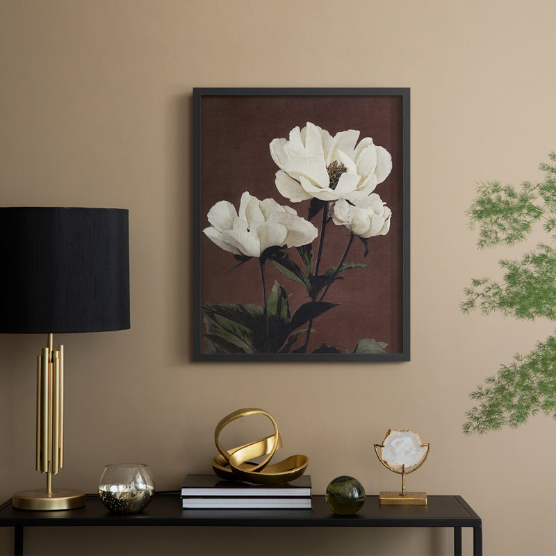 Reproduction florale rétro encadrée, bois massif, Noir, noir, noir, noir, H 21 po x l 17 po