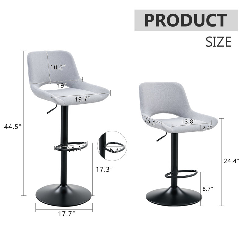 Linen Fabric Swivel Bar Stools Set With Adjustable Height (24.4"-34.3") , Gray/Fabric