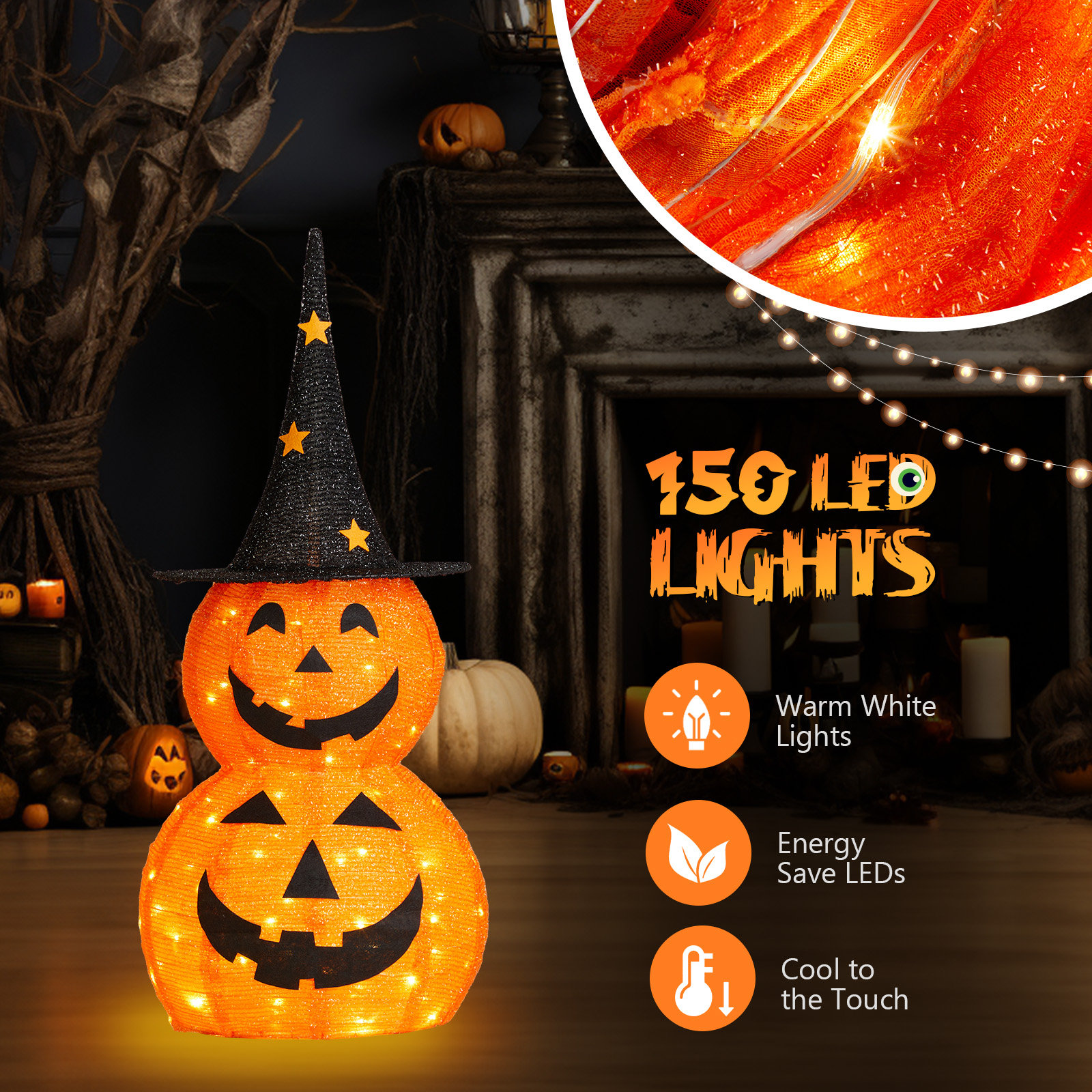 2-Piece 36" H LED Lighted Iron and Fabric Jack-O-Lantern