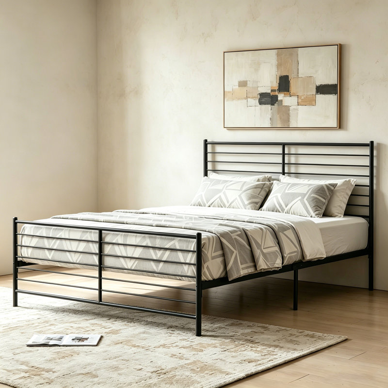 Modern Horizontal Slat Metal Bed Frame with Headboard and Footboard, QUEEN, BLACK
