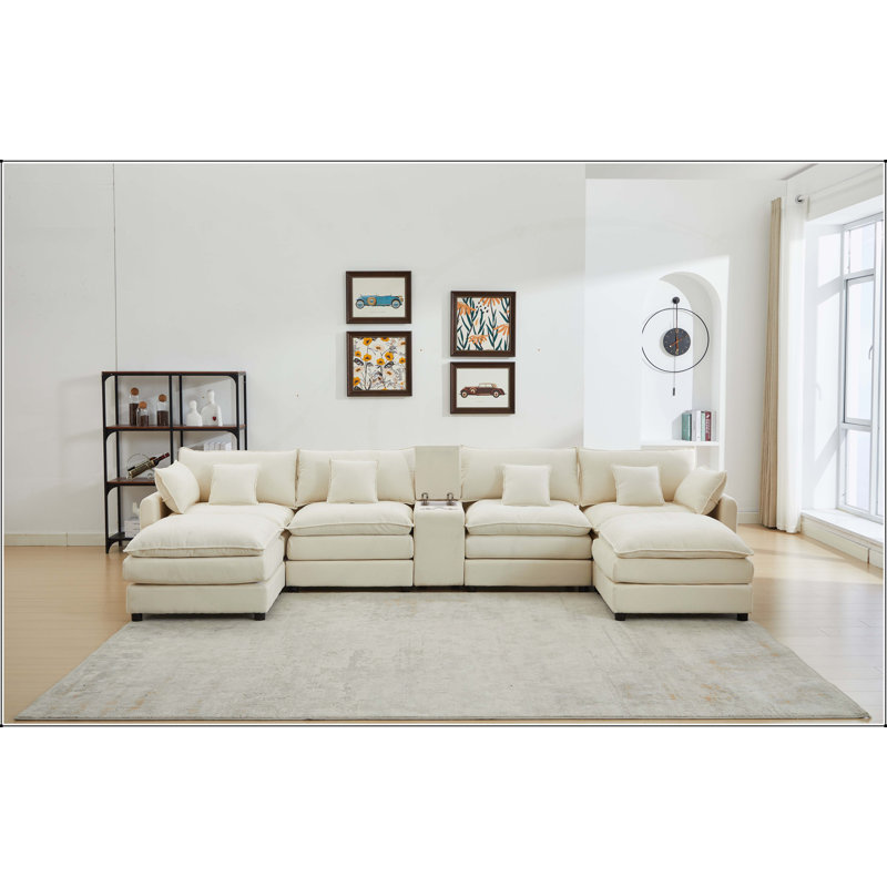 Canapé modulaire rembourré en U en chenille avec table basse, confortable et durable pour les salons modernes, Blanc