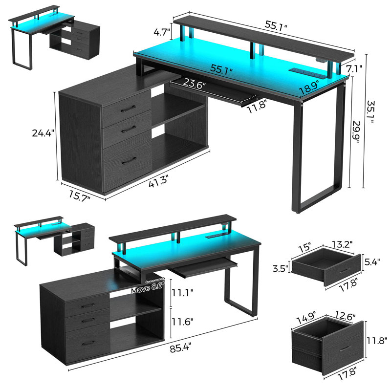 Ameliore 55.1" L Shaped Computer Desk with File Drawer, LED Lights and Keyboard Tray, Black