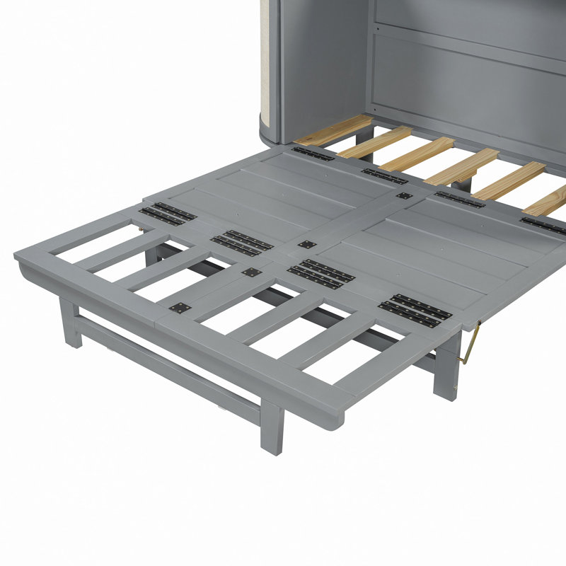 Murphy Bed With Hidden Storage & Modern Woven Design, Grey, Full