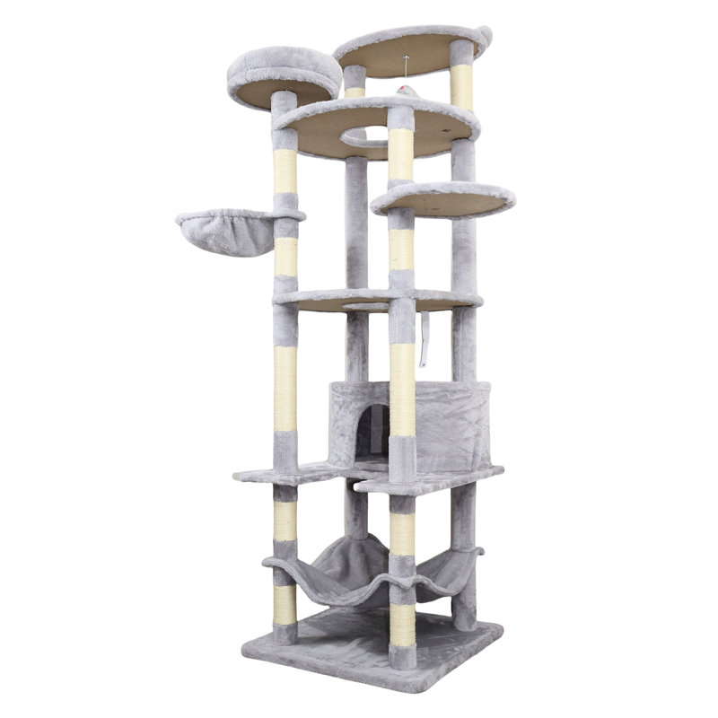 Arbre à chat gris Cy13 - Structure stable avec poteaux et base renforcée, enveloppé pour les égratignures, 3 condos confortables, 2 perchoirs à rebords surélevés, système de divertissement à billes Jinging, installation facile et rapide