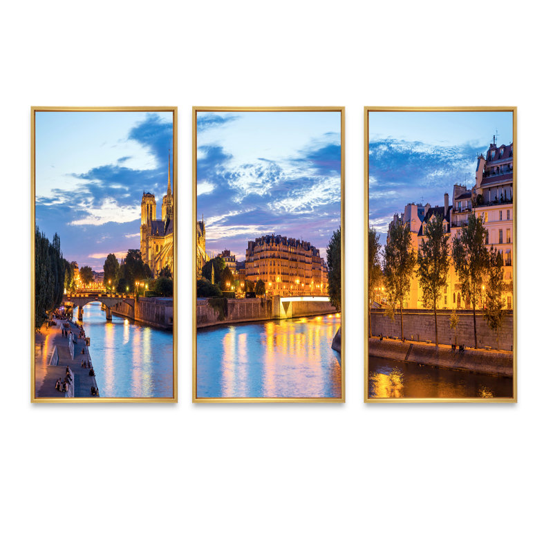 Cathédrale Notre-Dame - 3 pièces, cadre photo flottant sur toile, H 32 po x l 48 po, Or