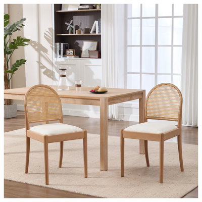 Set of 2 Rattan Dining Chairs with Upholstered Linen Seats, Modern Solid Wood Kitchen Chairs for Farmhouse & Boho Decor