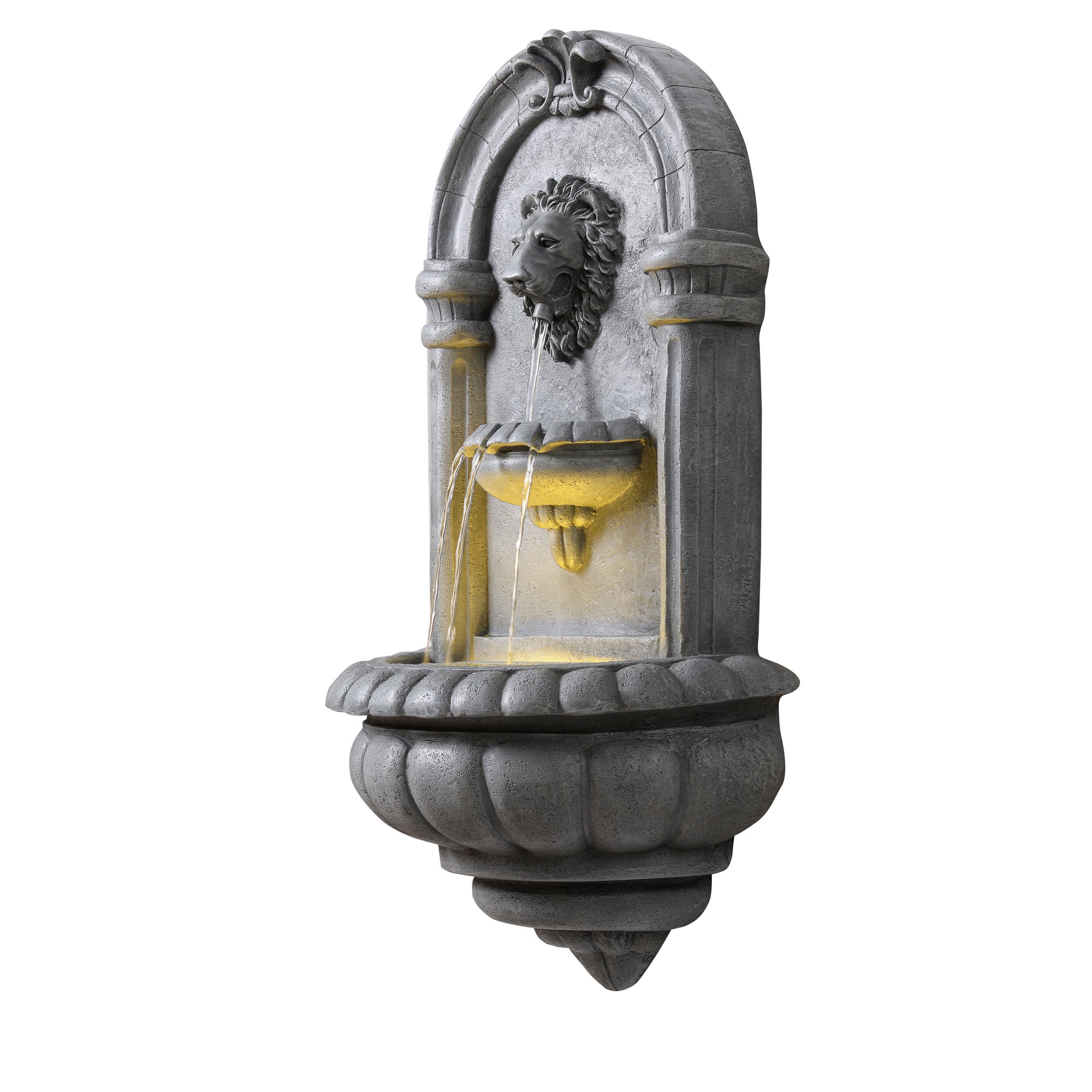 Jowett Tiered Lion Head Outdoor Water Wall Fountain with LED Light and Pump, Natural Stone