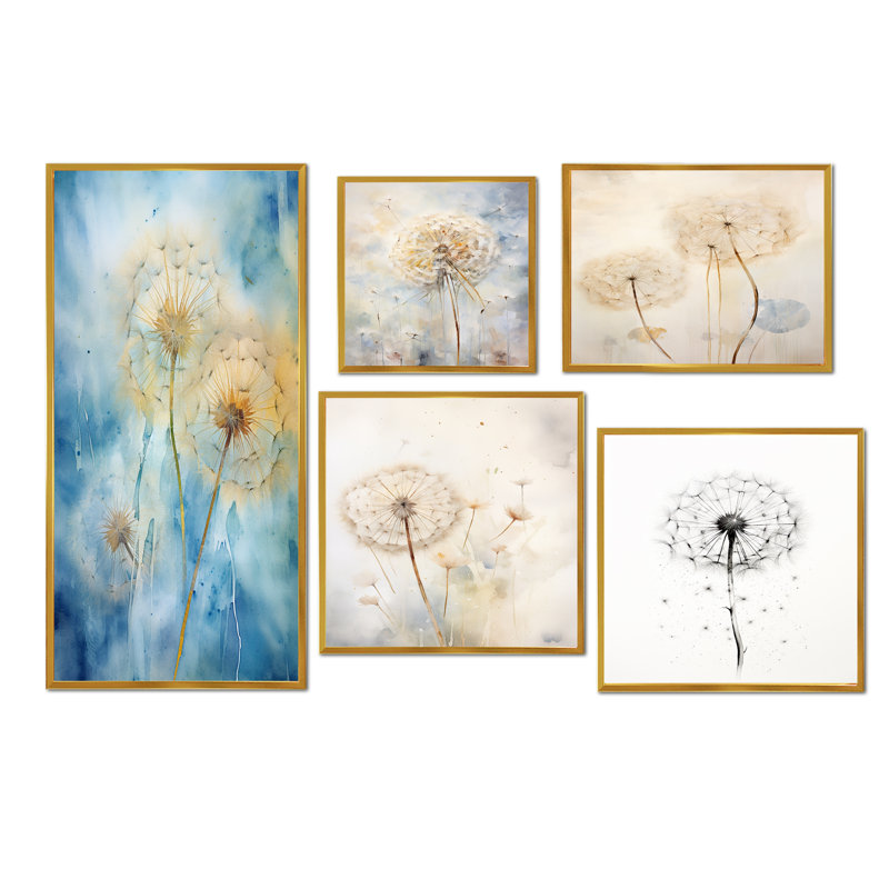 Blue Dandelion Dreams - Pissenlit, ensemble de 5 reproductions d'art sur toile, Cadre flottant doré