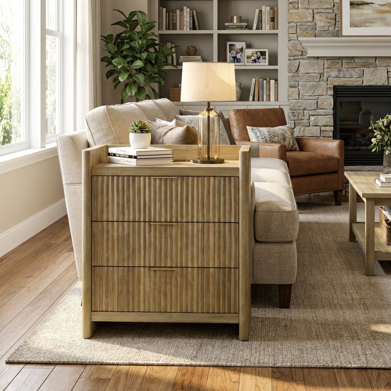 Fluted Round-Edge Light Oak Nightstand, 24" Wide With 3 Drawers & Built-In Power Outlet, Oak