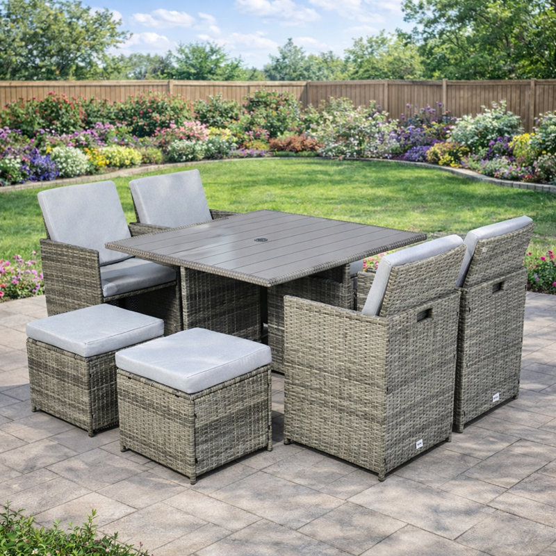 Ettie 8 - Person Wicker Patio Dining Set with Square Table , Cushions Included, Grey, Grey