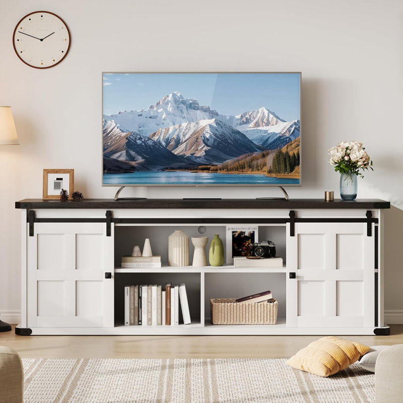 Farmhouse TV Stand for 75" TV, Entertainment Center with Barn Doors & Storage, White