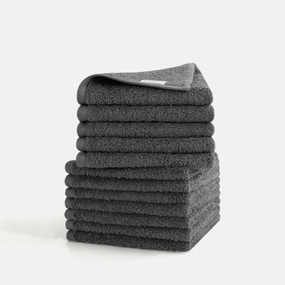 Paquet de 12 débarbouillettes 100% coton (13 x 13 po) avec boucle suspendue, filé Siro, séchage rapide et super absorbant durable pour la salle de bain et la salle de sport, emballé sous vide en vrac de qualité commerciale, certifié OEKO-TEX, gris