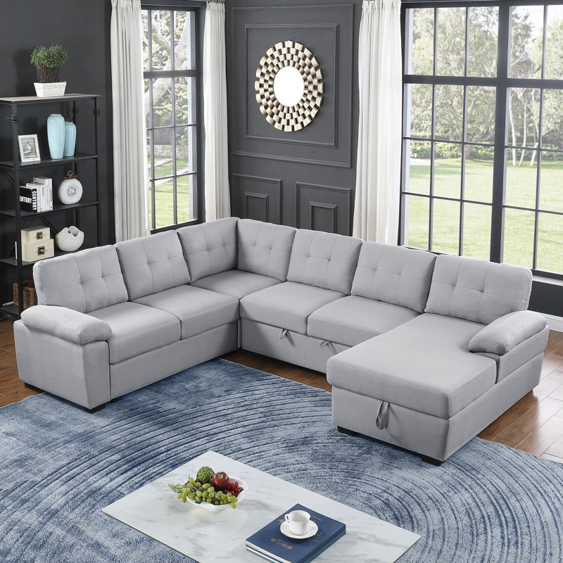 Aine 118" Wide Fabric Sectional Sleeper Sofa (Pull-Out Bed) With Storage Chaise