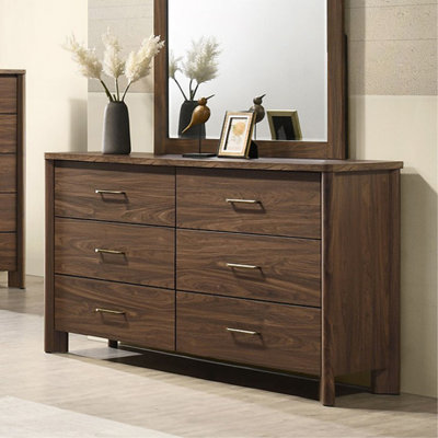 Walnut Color Dresser 6-Drawers Bedroom Furniture Solid wood Mid-Century Modern Rounded Edges 1pc