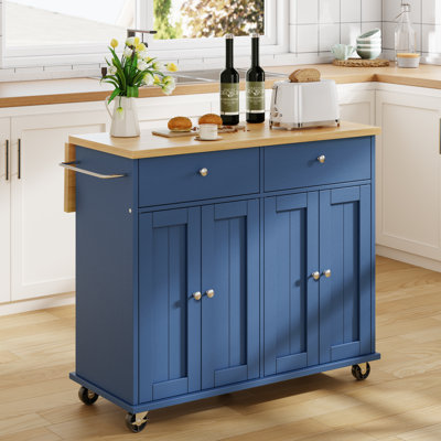 Rolling Kitchen Island Cart with Butcher Block Top, Storage Shelves and Locking Wheels