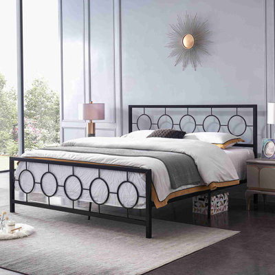 King size Classical Metal Bed Frame with Circular Design Headboard and Footboard, Under Bed Space, Black