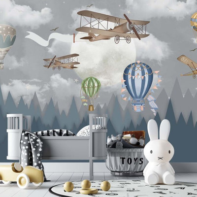 Adhésif mural rétro lune et montgolfière rétro pour enfants, décor de salle de jeux chambre d'enfant Sky Adventure