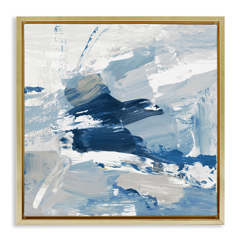 Peinture abstraite bleue brossée, Cadre flottant métallique doré, H 25 po x l 25 po