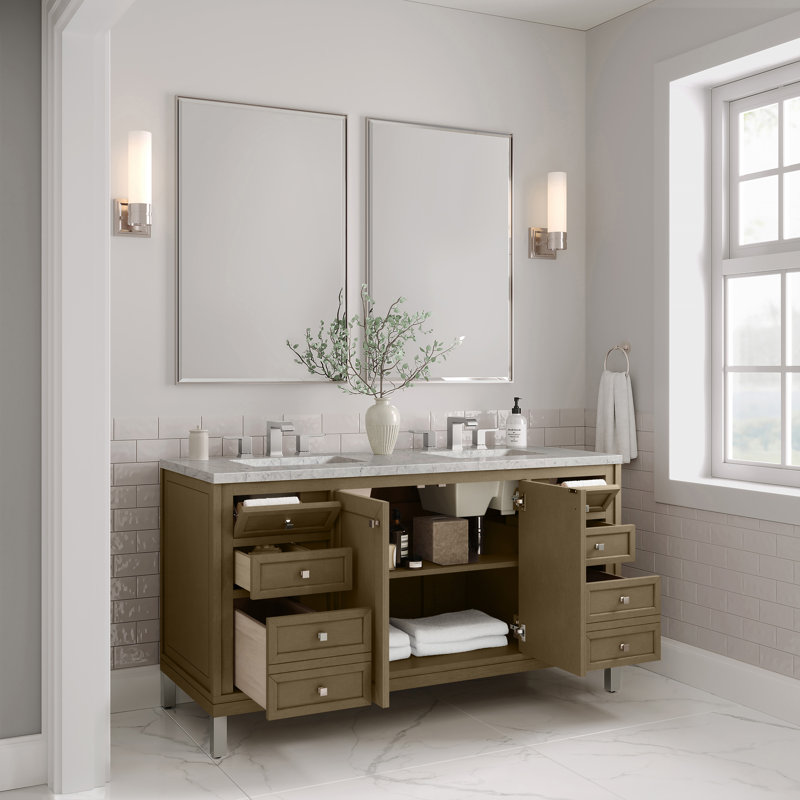 Meuble-lavabo double 60 po avec comptoir Chicago, Noyer murmure, Perle jasmin éternelle, 8 po