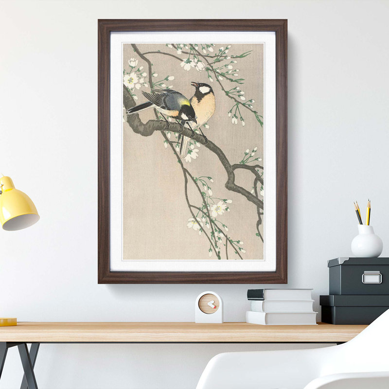 Tits on a Cherry Branch by Ohara Koson - Picture Frame Painting Print, Walnut Framed, 48cm H x 36cm W x 2cm D