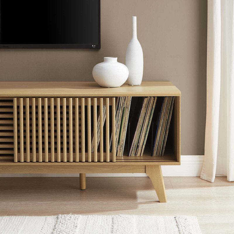 Oak 59" TV Stand with Slatted Sliding Doors