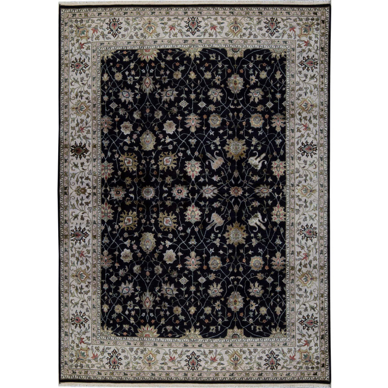 Tapis noir et ivoire de haute qualité noué à la main
