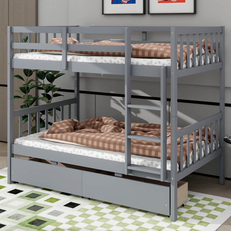 Lit superposé simple au-dessus de simple avec tiroirs doubles, configuration de lit simple transformable, gris