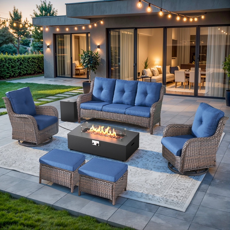 Deeomninia 6-Piece All Weather Wicker Patio Conversation Set With Swivel Gliders, Split Fire Pit Table And Ottomans